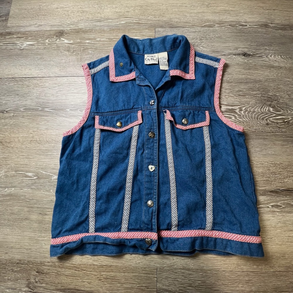 Koret City Blues Denim Vest Womens S Blue Gingham Trim Novelty Button Americana